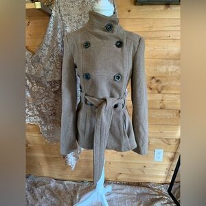 Zara Wool Women's Double-Breasted Pea Coat Tan Trench Coat Riding Jacket New Eng